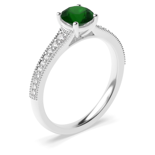 4 Prong Round Tapered up shoulder with milligrain edge Emerald Engagement Rings