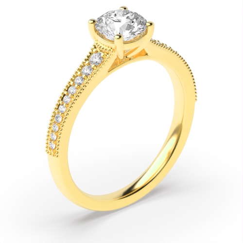 4 Prong Round Yellow Gold Tapered up shoulder with milligrain edge Engagement Rings