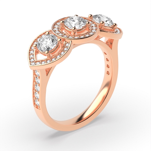 4 Prong Round Rose Gold Three stone Halo Engagement Rings