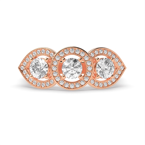 4 Prong Round Rose Gold Three stone Halo Engagement Rings