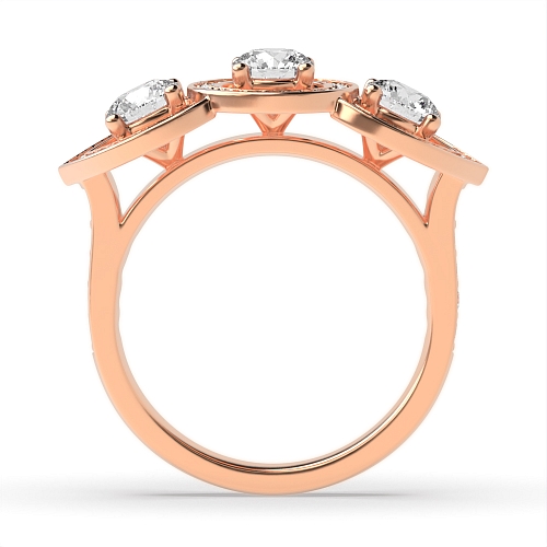 4 Prong Round Rose Gold Three stone Halo Engagement Rings