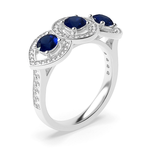 4 Prong Round Three stone Blue Sapphire Engagement Rings