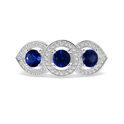 4 Prong Round Three stone Blue Sapphire Engagement Rings
