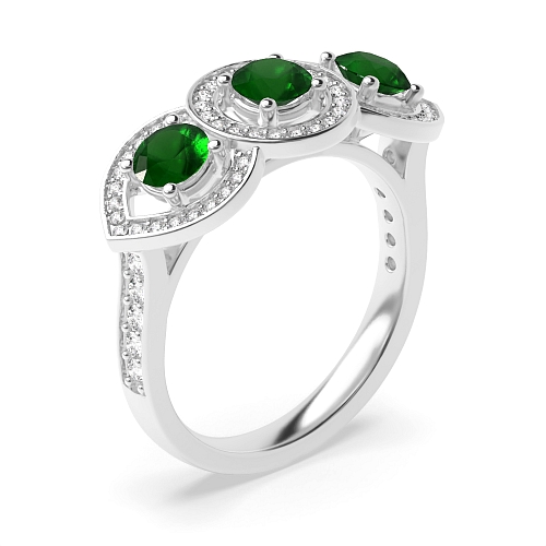 4 Prong Round Three stone Emerald Engagement Rings