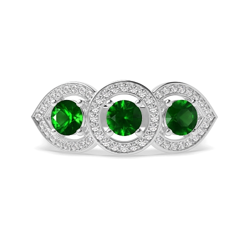 4 Prong Round Three stone Emerald Engagement Rings