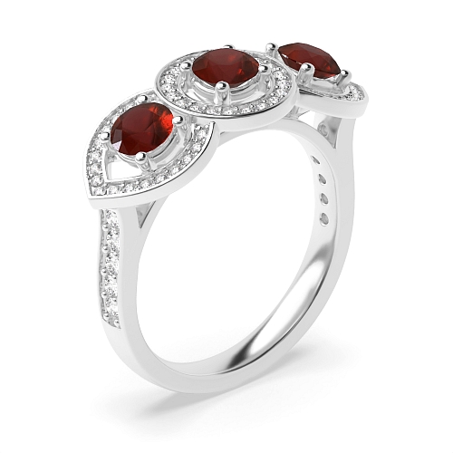 4 Prong Round Three stone Garnet Halo Engagement Rings