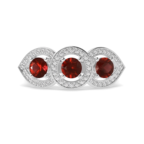 4 Prong Round Three stone Garnet Halo Engagement Rings