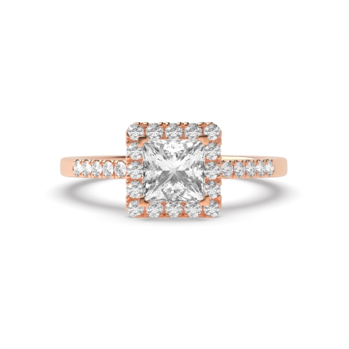 4 Prong Princess Rose Gold Classic mid set Halo Engagement Rings