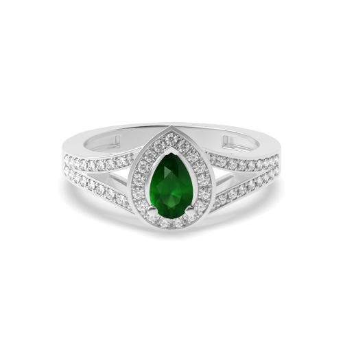 Prong Setting Pear Shape 2 Row Shoulder Halo Emerald Engagement Rings