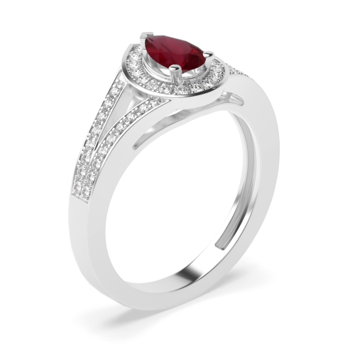 Prong Setting Pear Shape 2 Row Shoulder Halo Ruby Engagement Rings