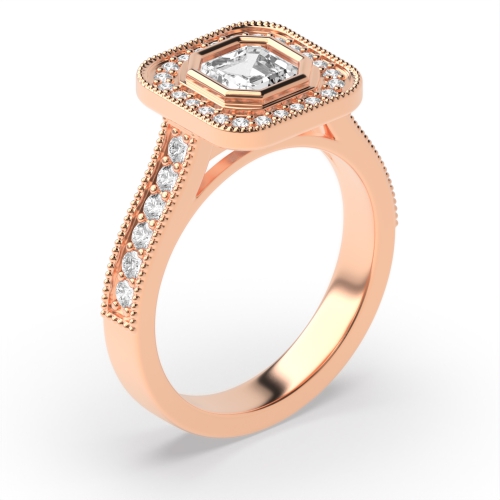 Bezel Setting Asshcer Shape Pave Setting Milligraing Halo Diamond Engagement Rings