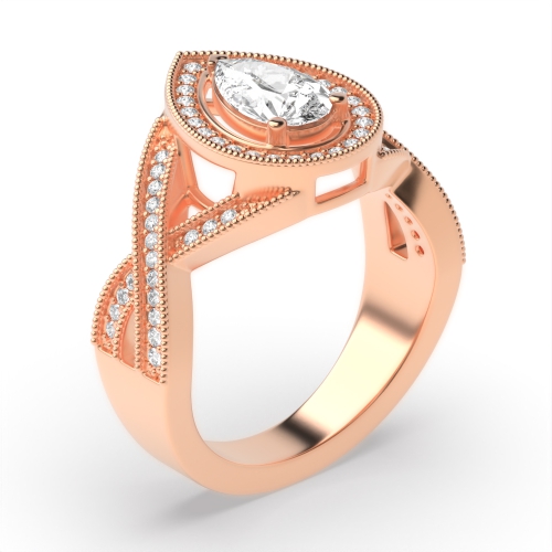 Prong Pear Rose Gold Crossover shoulder with miligrain Vintage Wedding Engagement Rings