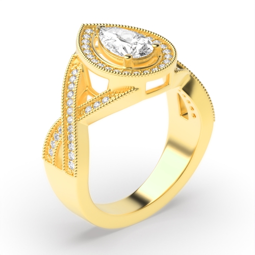 Prong Pear Yellow Gold Crossover shoulder with miligrain Antique Engagement Rings