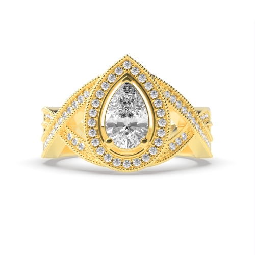 Prong Pear Yellow Gold Crossover shoulder with miligrain Antique Engagement Rings