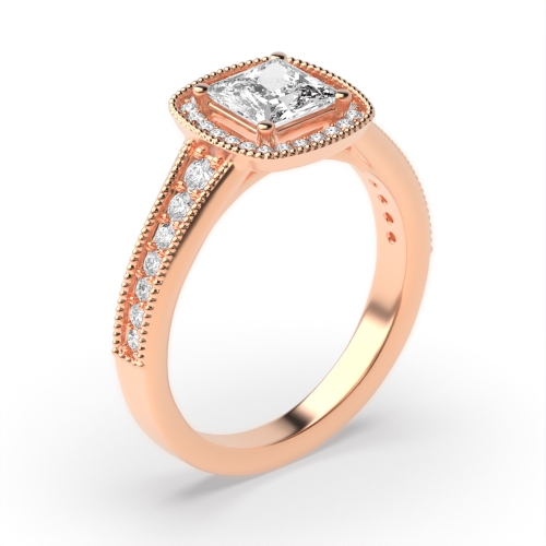 Prong Setting Princess Shape Tapering Up Shoulder Halo Diamond Engagement Rings