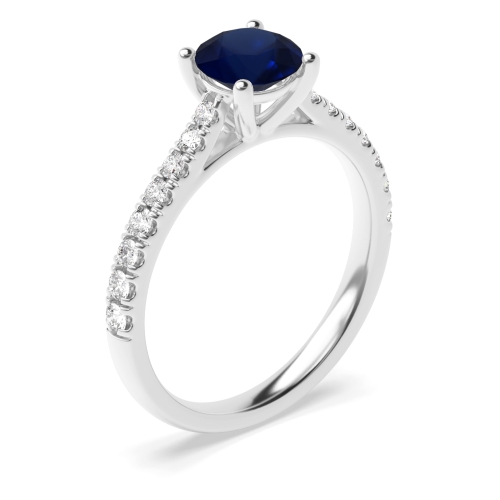 4 Prong Round Tappered Shoulder Pave set Blue Sapphire Engagement Rings