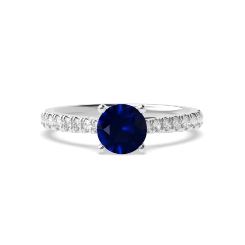 4 Prong Round Tappered Shoulder Pave set Blue Sapphire Engagement Rings