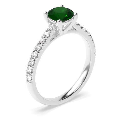 4 Prong Round Tappered Shoulder Pave set Emerald Side Stone Engagement Rings