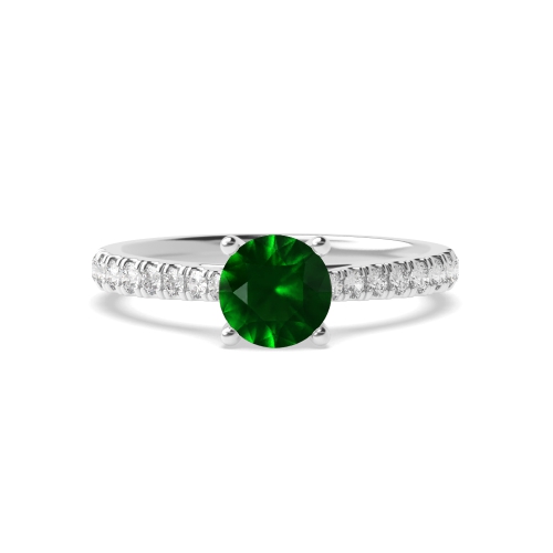 4 Prong Round Tappered Shoulder Pave set Emerald Side Stone Engagement Rings