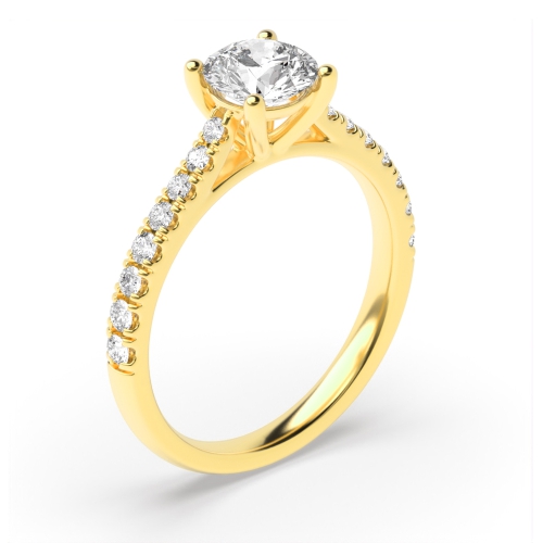 4 Prong Round Yellow Gold Tappered Shoulder Pave set Side Stone Engagement Rings