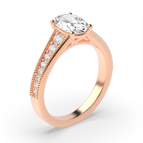 Oval Shape Tapering Up Shoulder with Milligrain Edge Diamond Engagement Ring