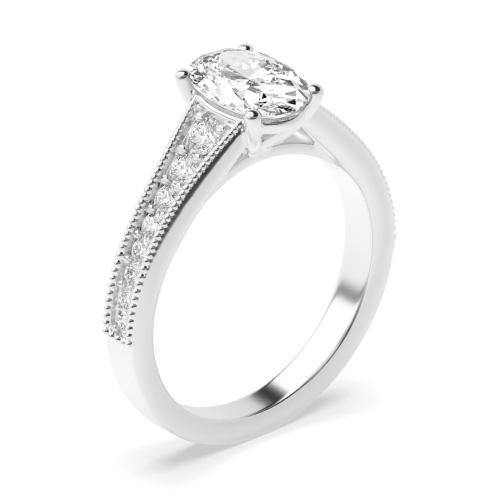 4 Prong Oval Silver Tapered up shoulder with milligrain edge Side Stone Engagement Rings