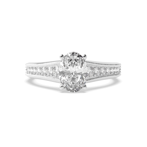 4 Prong Oval Silver Tapered up shoulder with milligrain edge Side Stone Engagement Rings