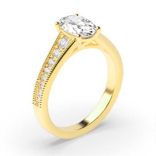 4 Prong Oval Yellow Gold Tapered up shoulder with milligrain edge Engagement Rings