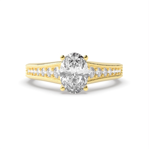 4 Prong Oval Yellow Gold Tapered up shoulder with milligrain edge Engagement Rings