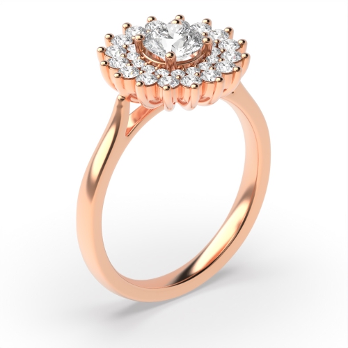 Prong Setting Round Shape 2 Row Flower Halo Diamond Engagement Rings