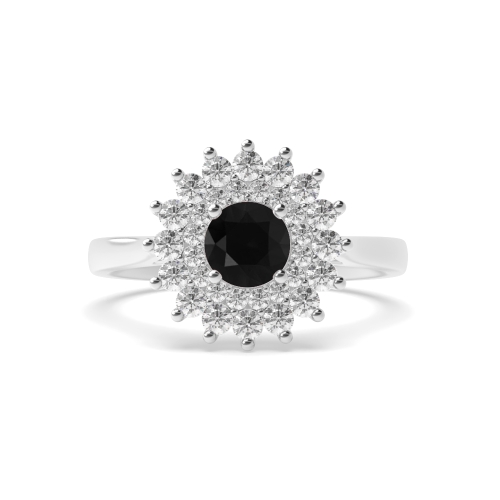 4 Prong Round Two row flower Black Diamond Engagement Rings