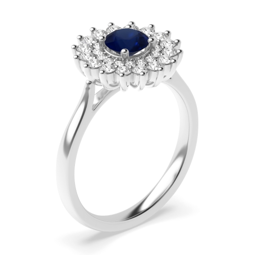 4 Prong Round Two row flower Blue Sapphire Engagement Rings
