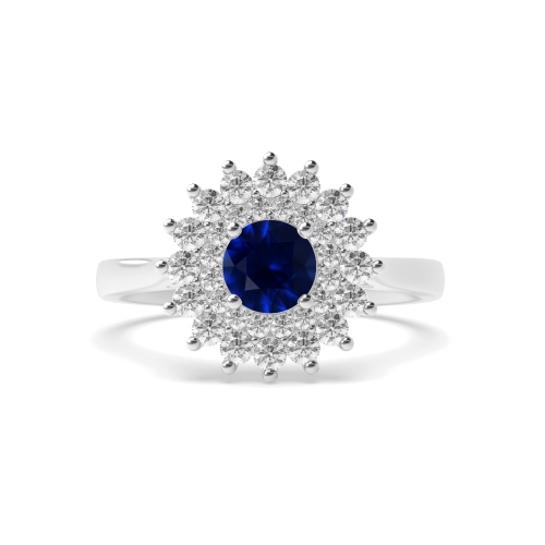 4 Prong Round Two row flower Blue Sapphire Engagement Rings