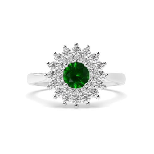 4 Prong Round Two row flower Emerald Halo Engagement Rings