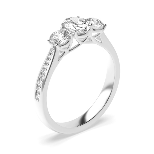 Oval and Round Moissanite Trilogy Engagement Rings with Moissanites on Shoulder