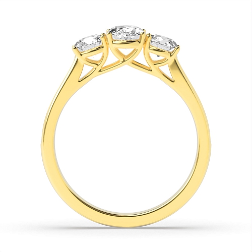 4 Prong Oval/Round Yellow Gold Cross Over Claws Three Stone Engagement Ring