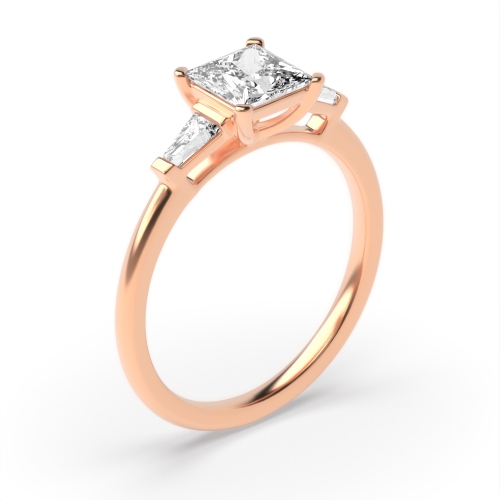 6 Prong Princess/Baguette Rose Gold Delicate Trilogy Engagement Rings