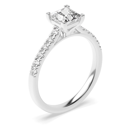 4 Prong Princess Silver Corner claws Side Stone Engagement Rings