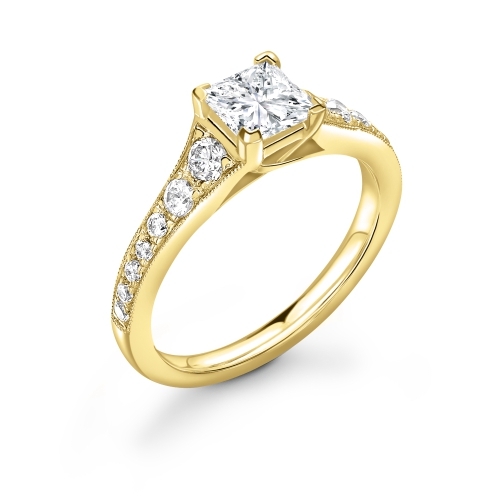 4 Prong Princess Yellow Gold Tapered up shoulder Engagement Rings