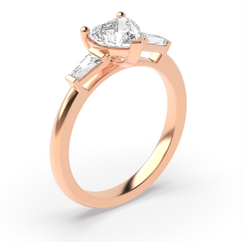 6 Prong Heart/Baguette Rose Gold Delicate Trilogy Engagement Rings