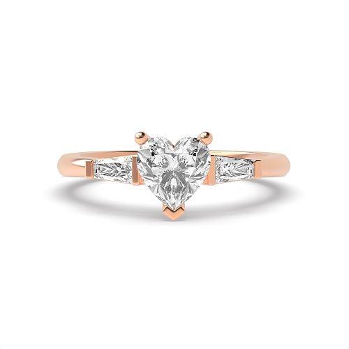 6 Prong Heart/Baguette Rose Gold Delicate Trilogy Engagement Rings