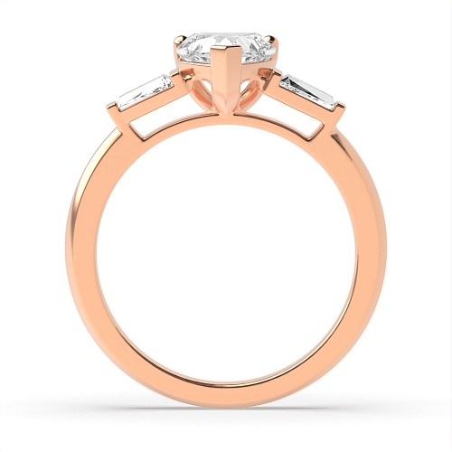 6 Prong Heart/Baguette Rose Gold Delicate Trilogy Engagement Rings