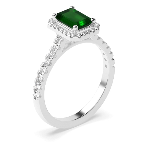 4 Prong Pave Emerald Halo Engagement Rings