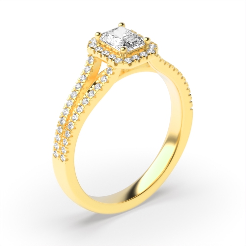 4 Prong Setting Radiant Shape 2 Row Shoulder Halo Diamond Engagement Rings