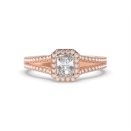 Radiant Rose Gold Split shoulder Halo Engagement Rings