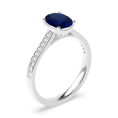 Oval Delicate Pave setting Shoulder Blue Sapphire Engagement Rings
