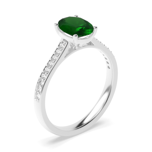 4 Prong Oval Delicate Pave setting Shoulder Emerald Side Stone Engagement Rings