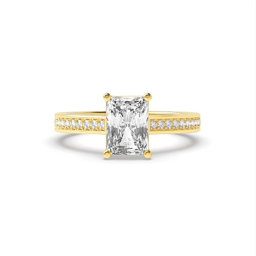 4 Prong Radiant Yellow Gold Delicate shoulder Side Stone Engagement Rings