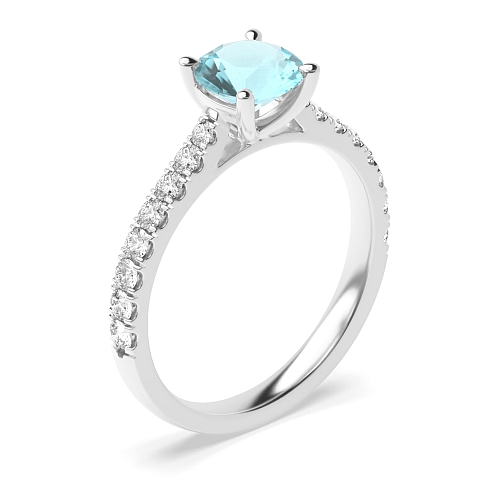 4 Prong Classic pave set Aquamarine Engagement Rings