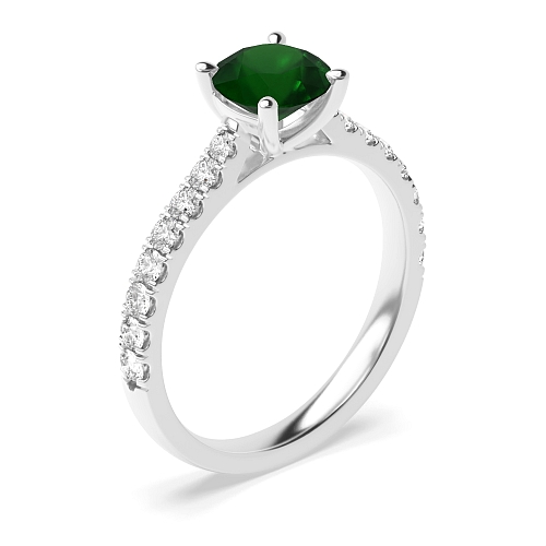 4 Prong Classic pave set Emerald Side Stone Engagement Rings